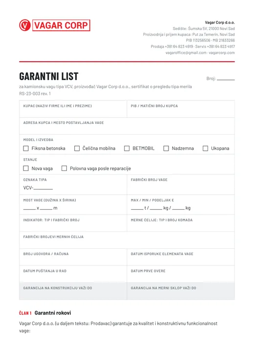 Prva strana garantnog lista Vagar Corp za kamionsku vagu tipa VCV