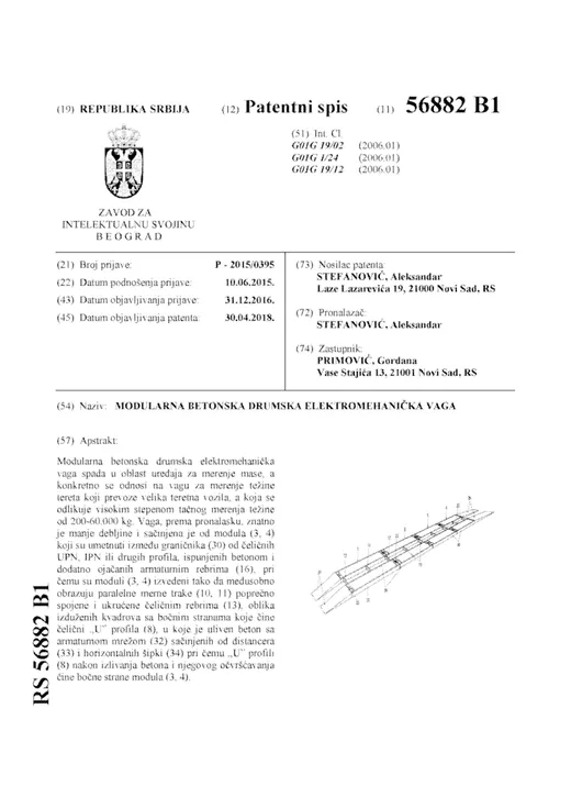 Prva strana patentnog spisa RS 56882 B1, Modularna betonska drumska elektromehanička vaga